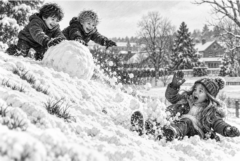Bleistiftzeichnung aus dem Buch: Jan und Ben mit einem Schneeball auf dem Schulhof