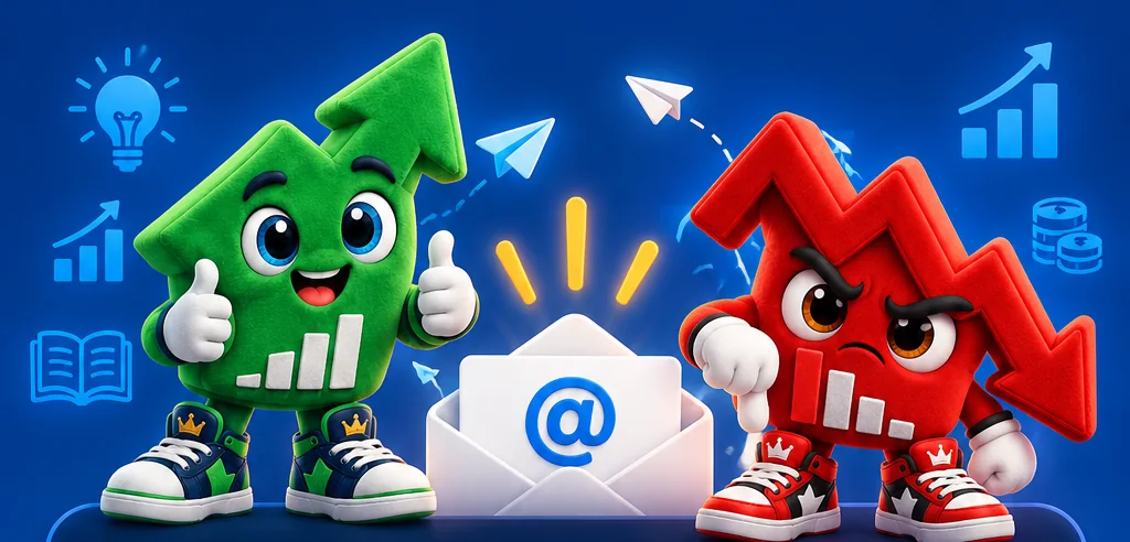Uppy, der grüne Börsenpfeil, und Downy, der rote Börsenpfeil, stehen neben einem Newsletter-Briefumschlag